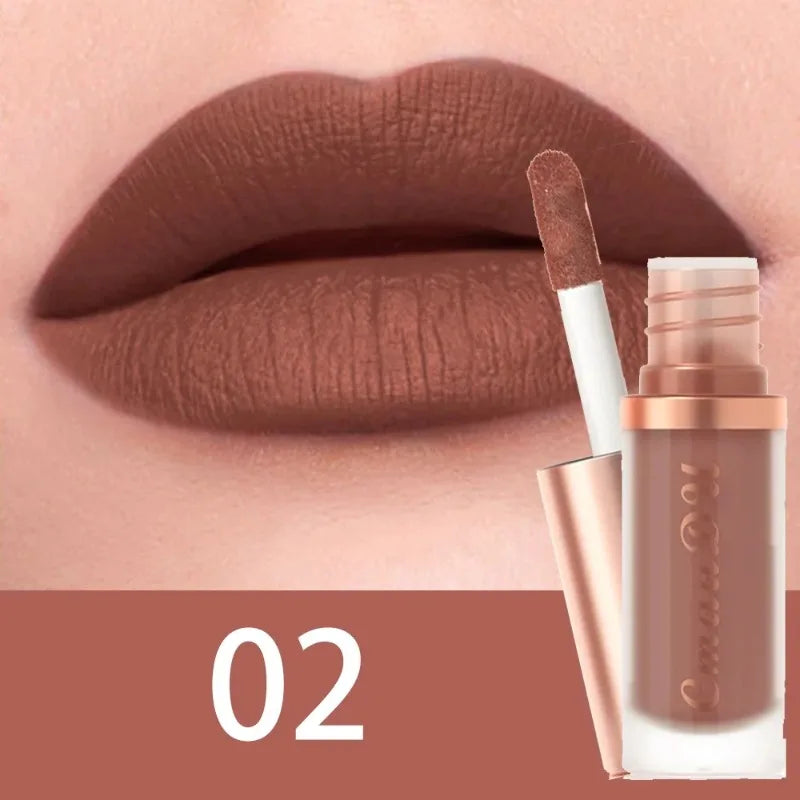 Matte velvet liquid lip glaze (shade 02), deep brown applicator wand and bottle
