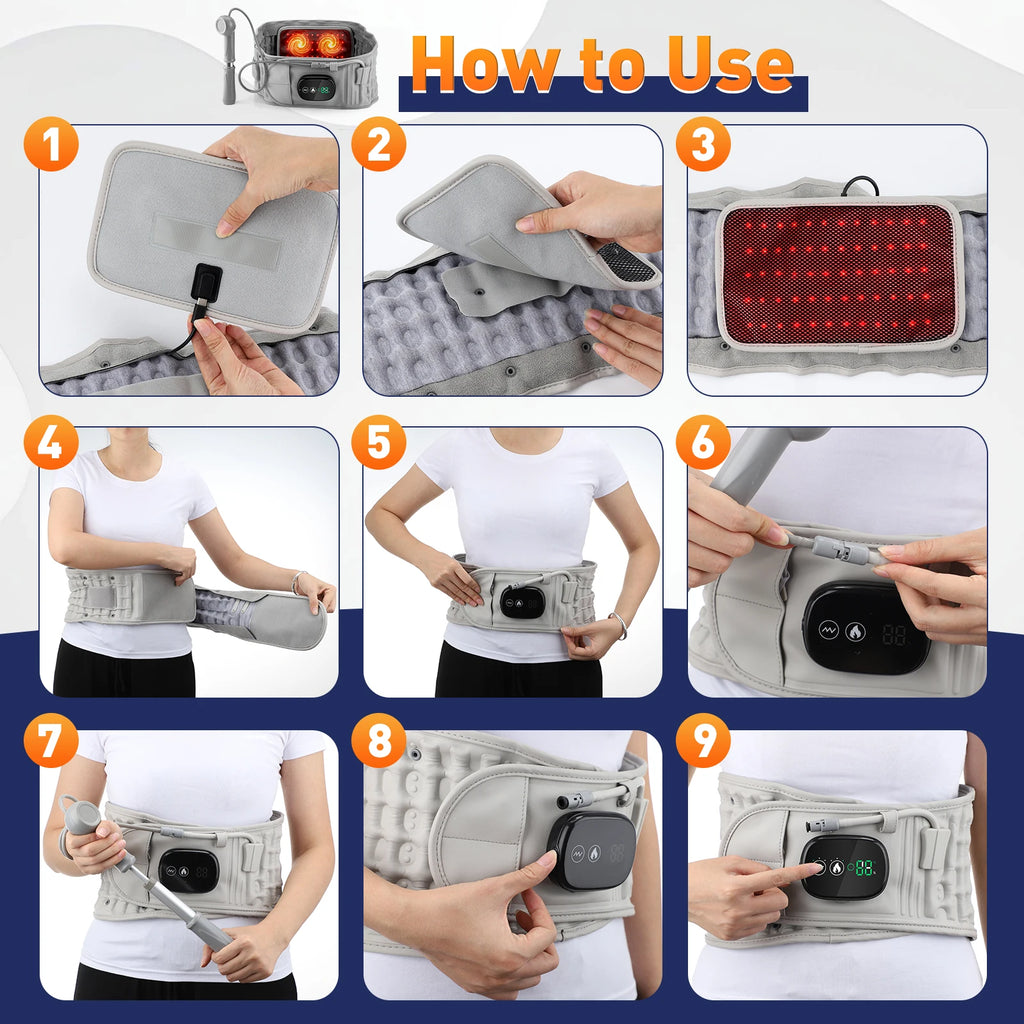 Infrared heating waist massager belt shown in multiple wearing and controller steps