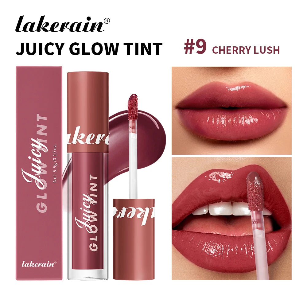 Juicy Glow Tint lip glaze #9 Cherry Lush, shiny cherry-red lips with doe-foot applicator.