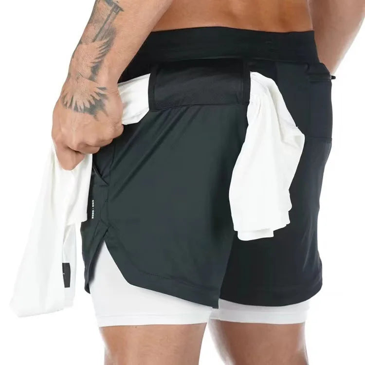 Men's Multi-Pocket Double-Layer Shorts Fitness Leisure Beach Sports Lined Tight Shorts Daily Mesh Camouflage Running Quick Dry