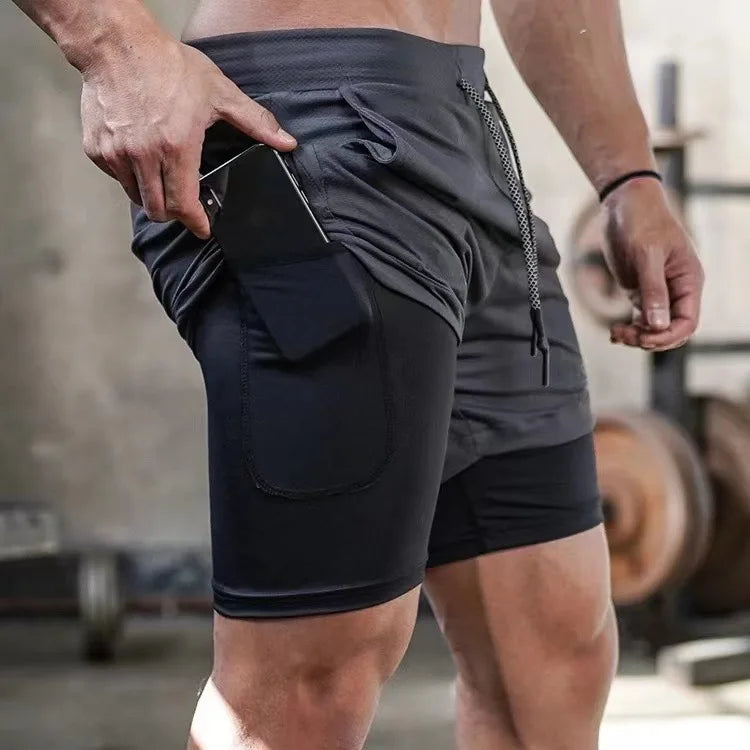 Men's Multi-Pocket Double-Layer Shorts Fitness Leisure Beach Sports Lined Tight Shorts Daily Mesh Camouflage Running Quick Dry