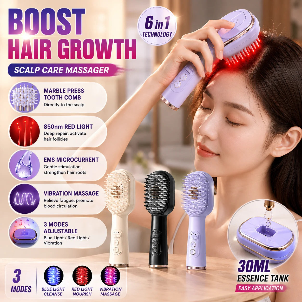 Electric Scalp Care Hair Growth Comb Red Light Therapy Microcurrent Stimulating Vibration Head Massage Thicker Stronger Hair