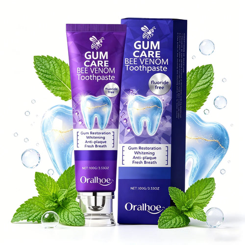 Purple fluoride-free bee venom toothpaste tube and box with tooth graphic, on display