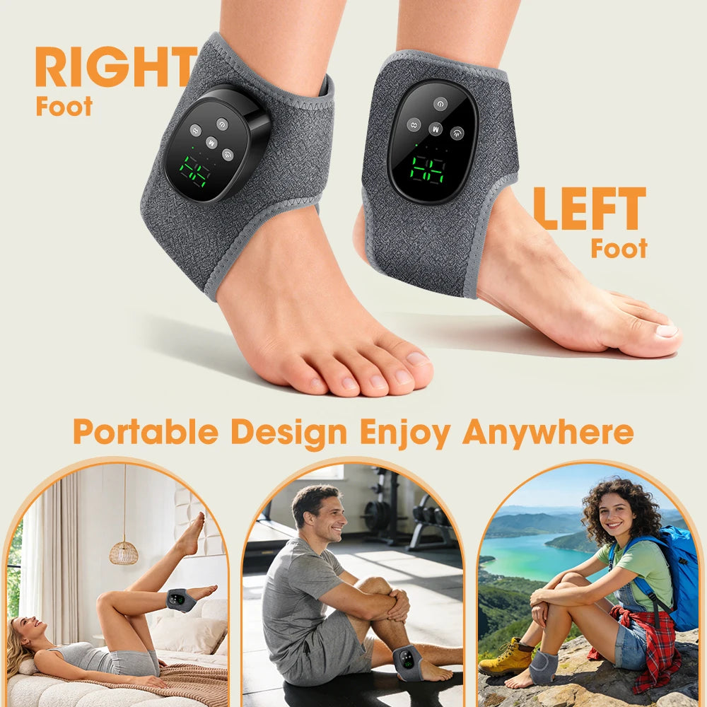 Pair of dark gray heated ankle braces on feet, each with a wireless controller.