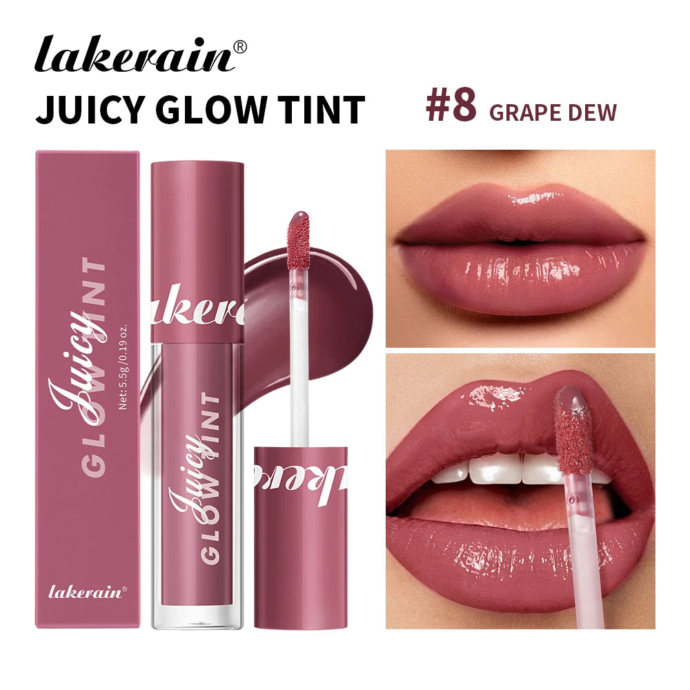 Juicy Glow Tint lip glaze #8 Grape Dew, glossy pink-purple lips with doe-foot applicator.