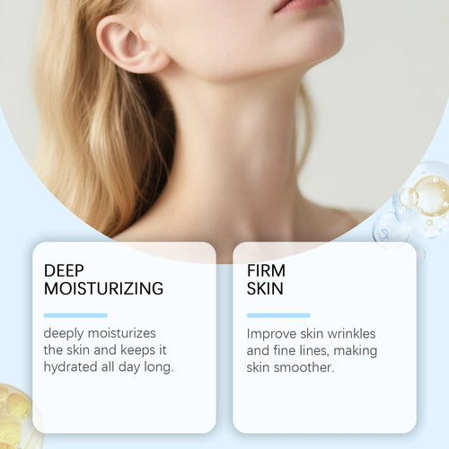 Woman’s neck and jawline with skin care benefit cards for firming and hydration