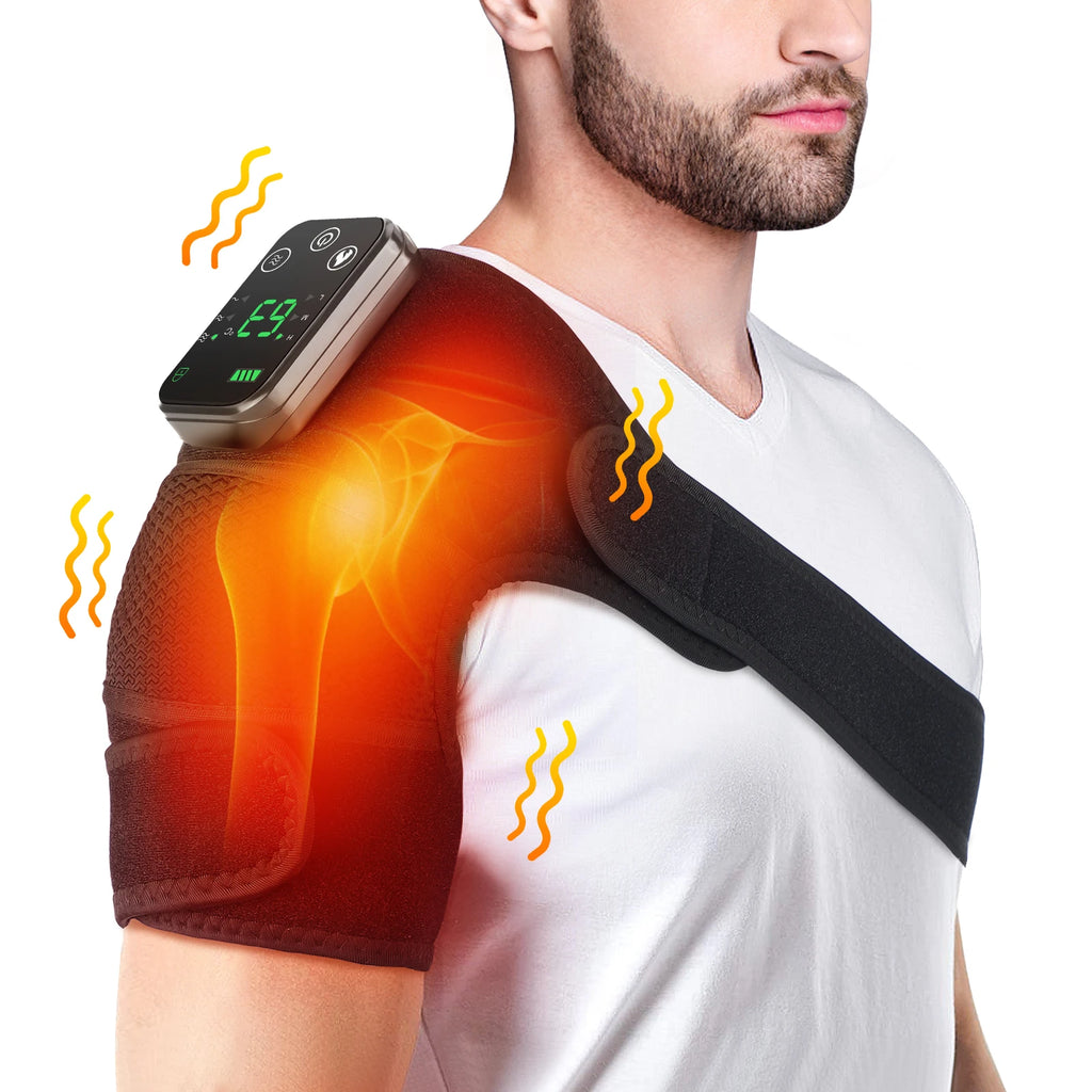 Heated shoulder massager brace with black strap and on-arm controller, infrared glow effect