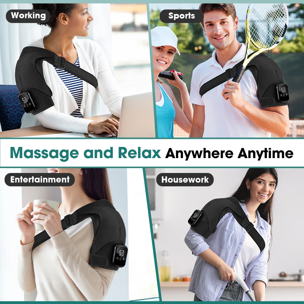 Black shoulder massager brace with control module and strap worn on upper arm
