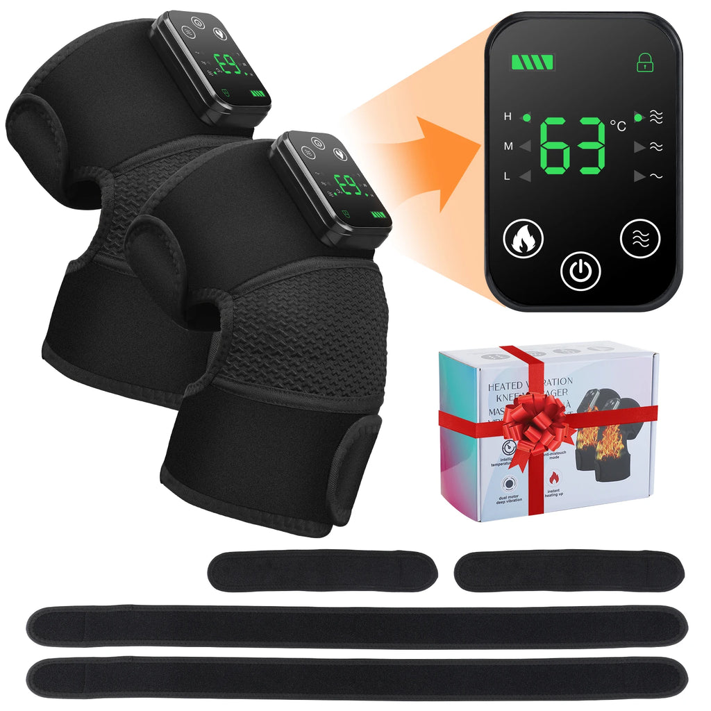 Black heated shoulder massager brace set with controllers, straps, and display remote