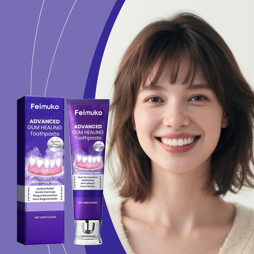 Feimuko gum healing toothpaste tube and carton, purple package with whitening teeth graphic.
