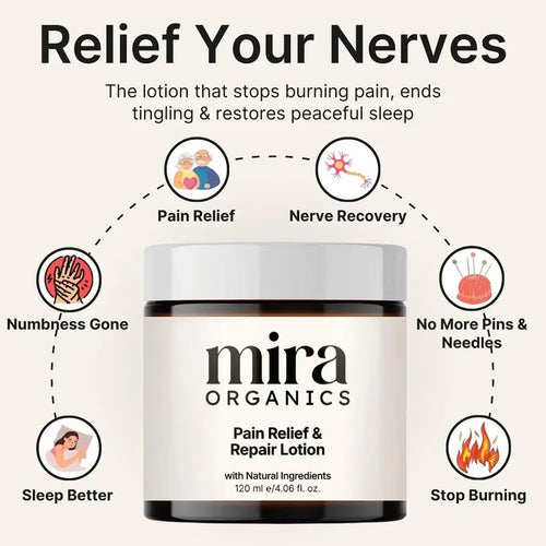 Mira Organics pain relief lotion jar, silver lid and black base