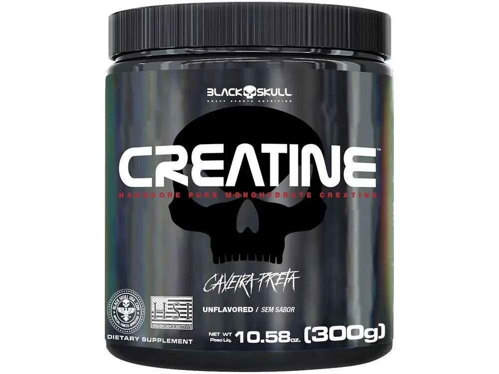 Black creatine powder supplement jar, unflavored 300g with bold front label
