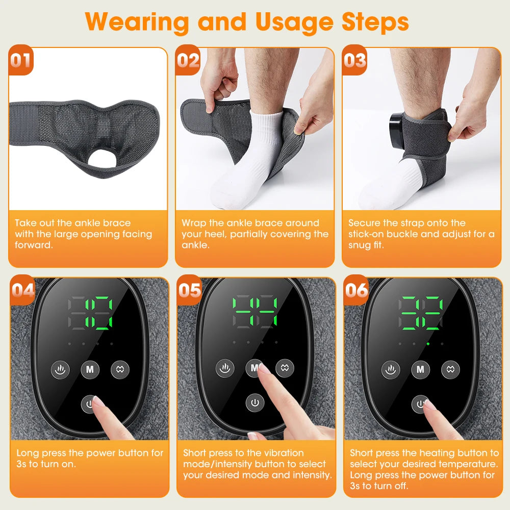 Dark gray heated ankle brace showing control panel and fit steps.