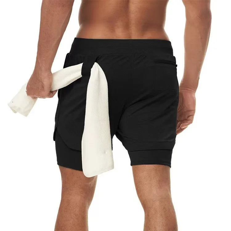 Men's Multi-Pocket Double-Layer Shorts Fitness Leisure Beach Sports Lined Tight Shorts Daily Mesh Camouflage Running Quick Dry