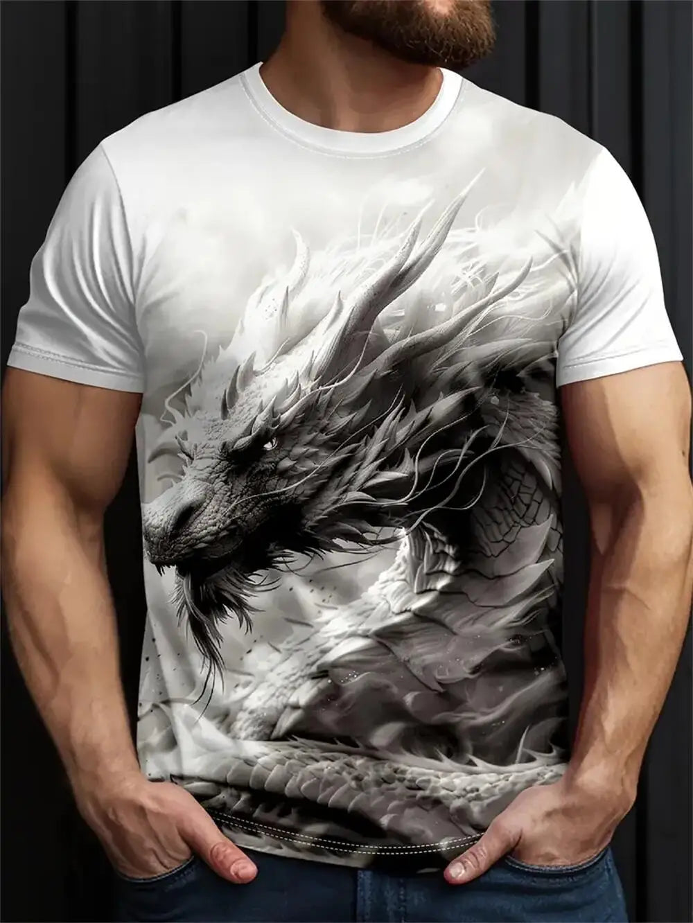 Mens Dragon Print Cotton Blend T-shirt - Stylish Crew Neck Comfortable & Breathable for Summer