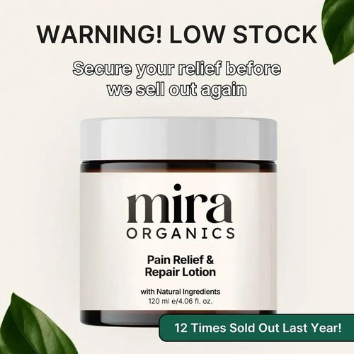 Mira Organics pain relief lotion jar, front label visible, silver lid