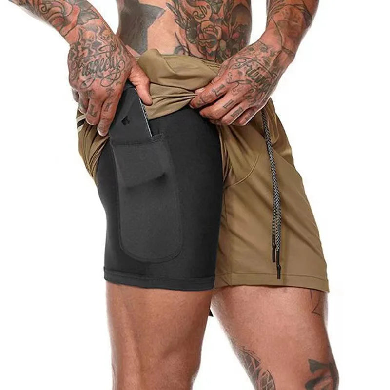 Men's Multi-Pocket Double-Layer Shorts Fitness Leisure Beach Sports Lined Tight Shorts Daily Mesh Camouflage Running Quick Dry