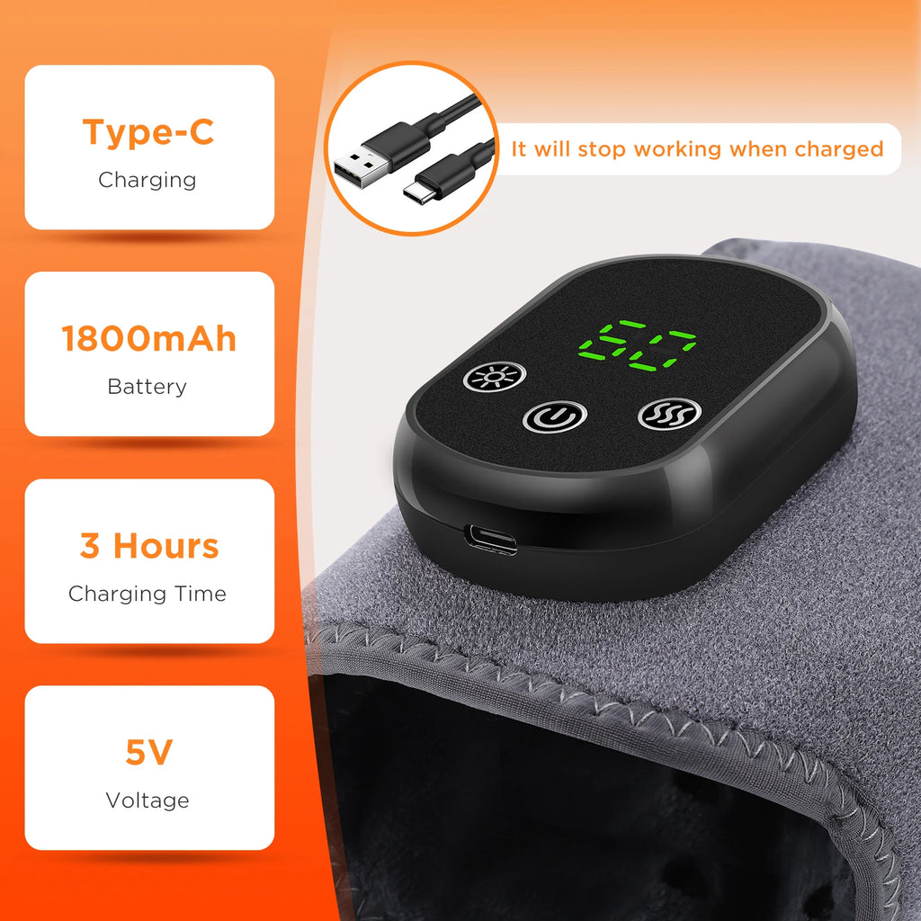 Charging details view of heated ankle brace with black control pod on gray wrap