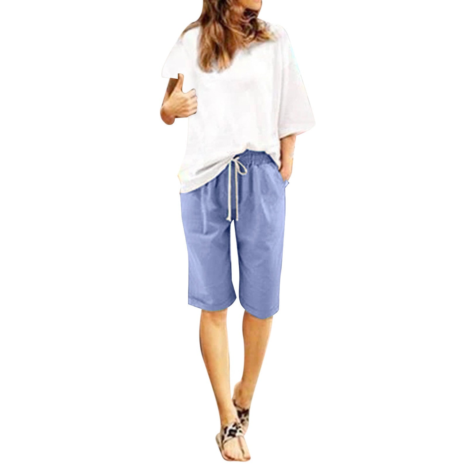 Five Point Pants For Women Summer Cotton Pants Plus Size High Waisted Shorts Lacing Beach Trousers Knee Length Workout Pocket