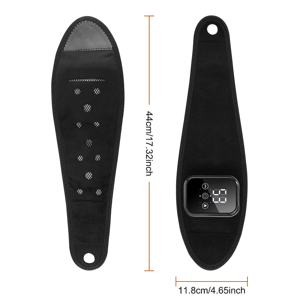 Heated massager strap with control module, soft black fabric, side view with display