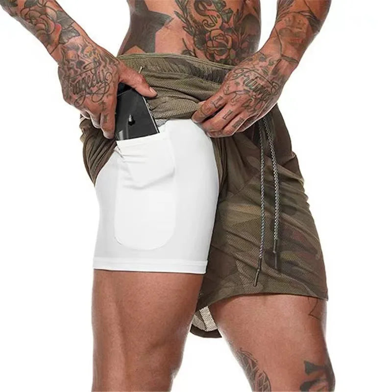Men's Multi-Pocket Double-Layer Shorts Fitness Leisure Beach Sports Lined Tight Shorts Daily Mesh Camouflage Running Quick Dry