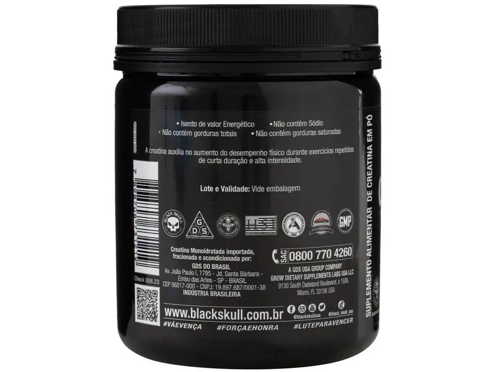 Back label of black creatine powder jar with barcode, lot info, and website