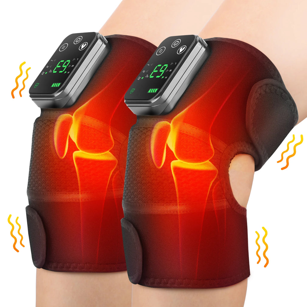 Pair of heated shoulder pads with two controllers on a black brace, red heat pattern