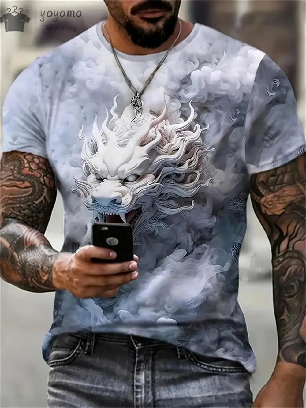 Mens Dragon Print Cotton Blend T-shirt - Stylish Crew Neck Comfortable & Breathable for Summer