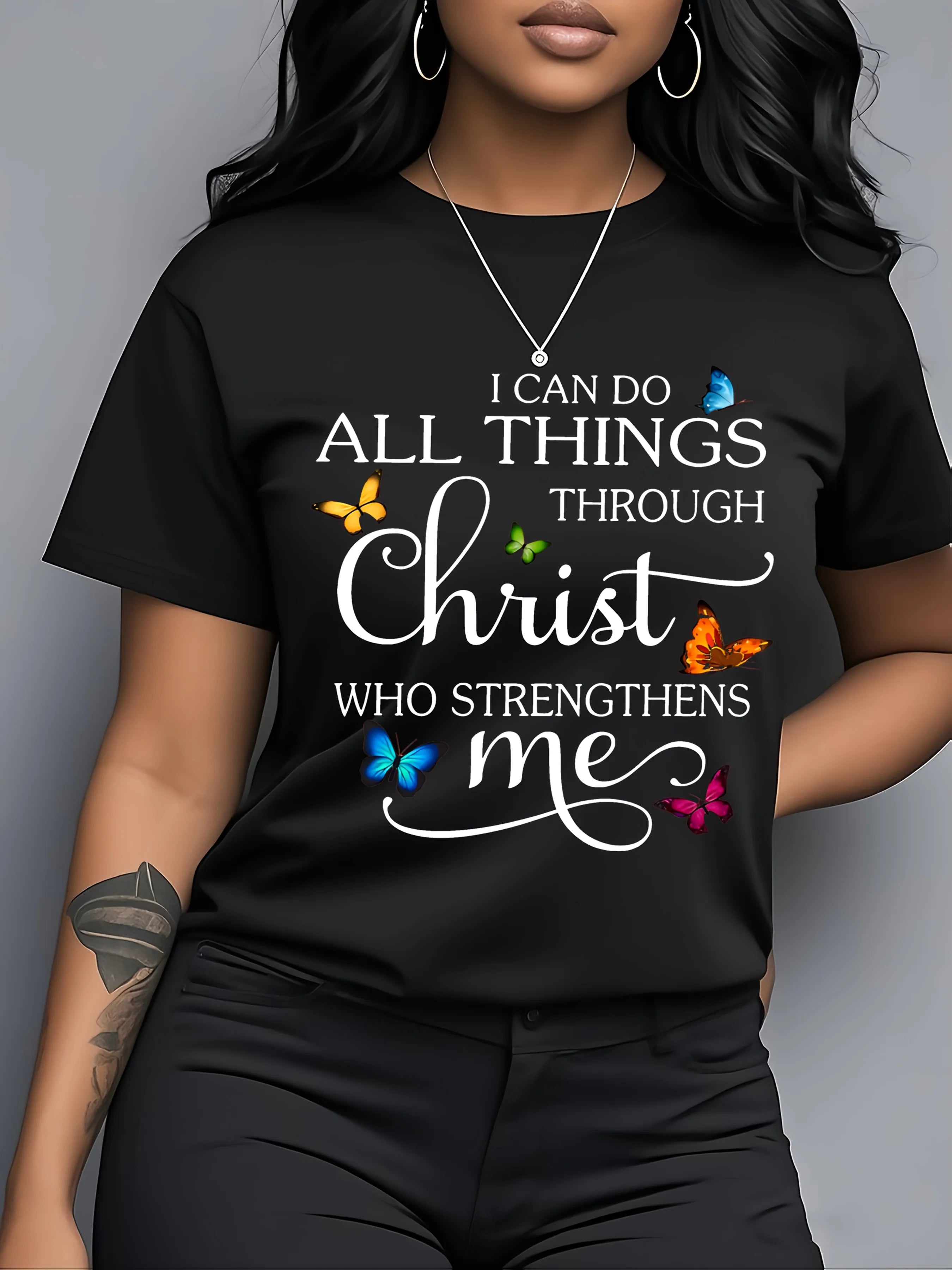 I Can Do All Things Through Christ Women's Tee - Butterfly Christian Graphic, Casual Pink Top