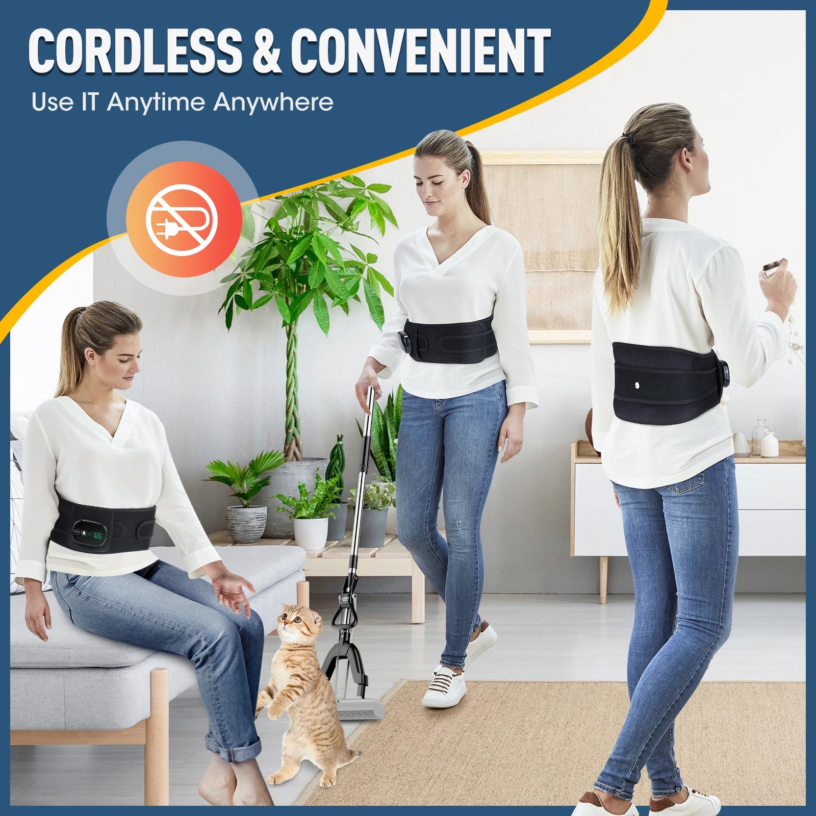 Cordless waist heating massager belt, black belt worn over clothing