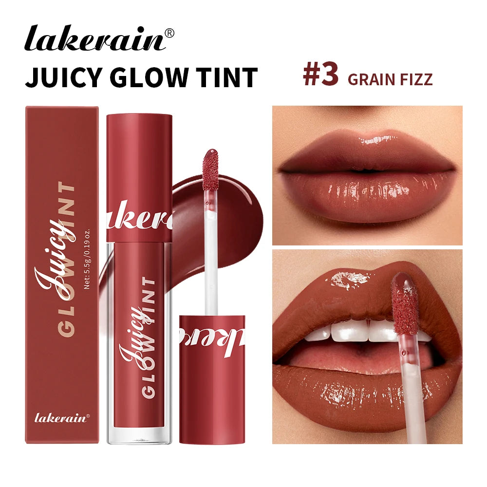 Juicy Glow Tint lip glaze #3 Grain Fizz, glossy mauve-brown lips with doe-foot applicator.