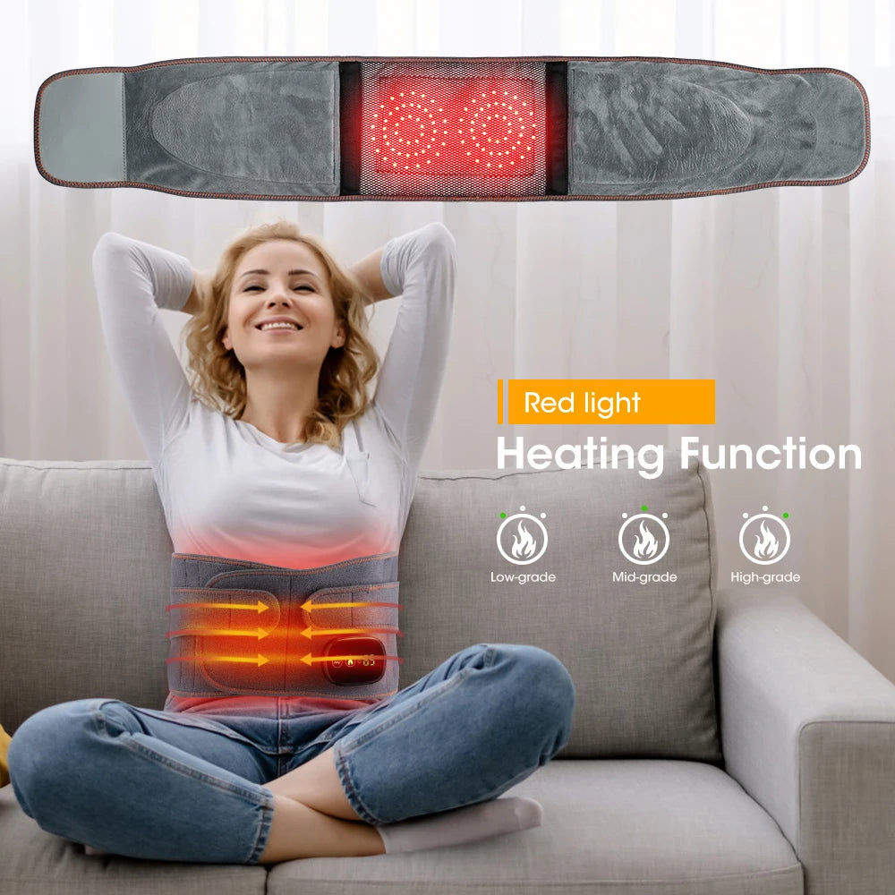 Gray infrared heating waist massager belt with red LED therapy panel and vibration spots