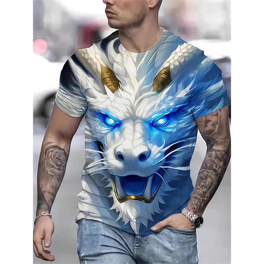 Mens Dragon Print Cotton Blend T-shirt - Stylish Crew Neck Comfortable & Breathable for Summer
