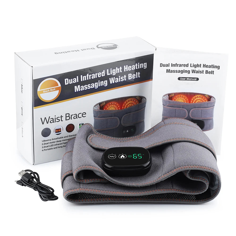 Dual infrared waist heating massager belt with controller, gray fabric and red light glow