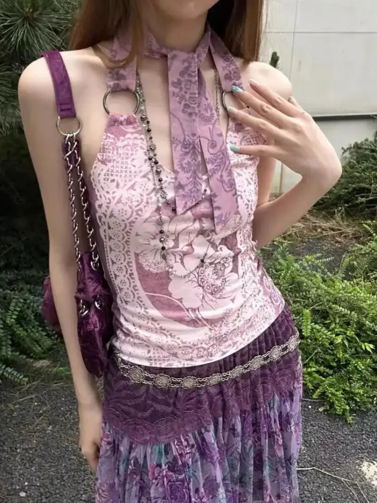 2000s Japanese Fairycore Streetwear Tshirt Subculture Gothic Print Halter Vest Sleeveless Lace Up Y2k Crop Top Vintage Tank Tops