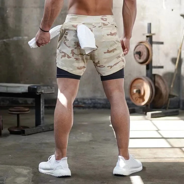 Men's Multi-Pocket Double-Layer Shorts Fitness Leisure Beach Sports Lined Tight Shorts Daily Mesh Camouflage Running Quick Dry