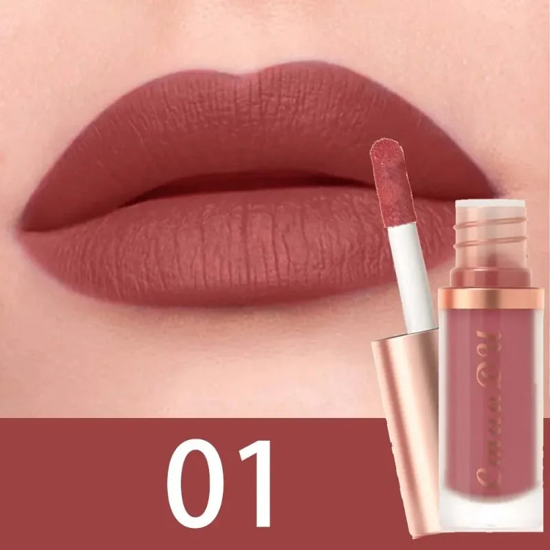 Matte velvet lip glaze liquid lipstick, shade 01, muted rose matte lips with applicator.