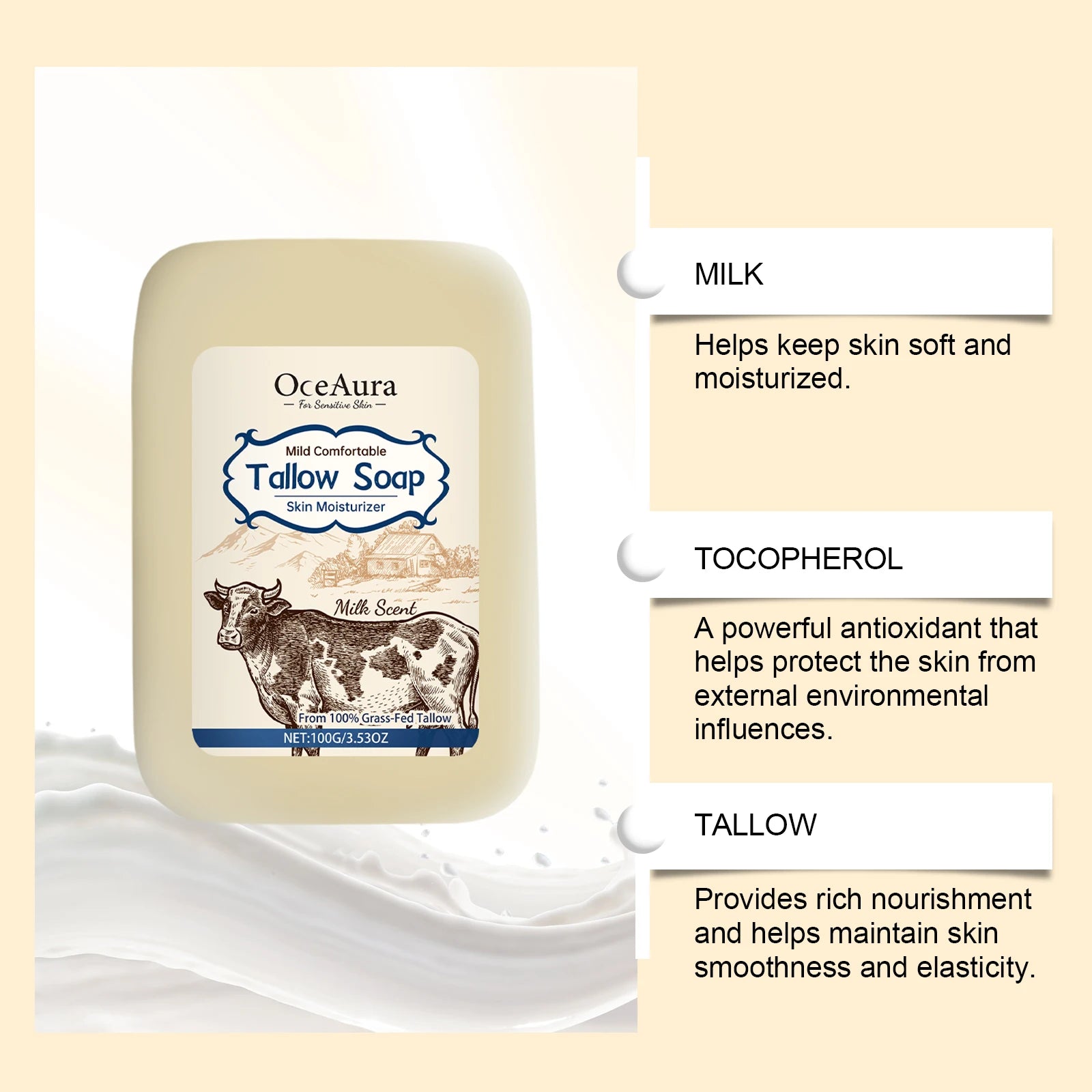 OCEAURA Tallow Soap, Beef Tallow Soap, Pure Tallow Balm Soap Bar for Sensitive Skin - Moisturizes, Soothes, and Hydrates 100g