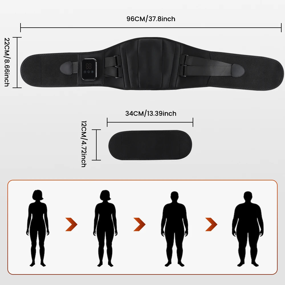 Black waist massager belt size diagram with controller and strap dimensions