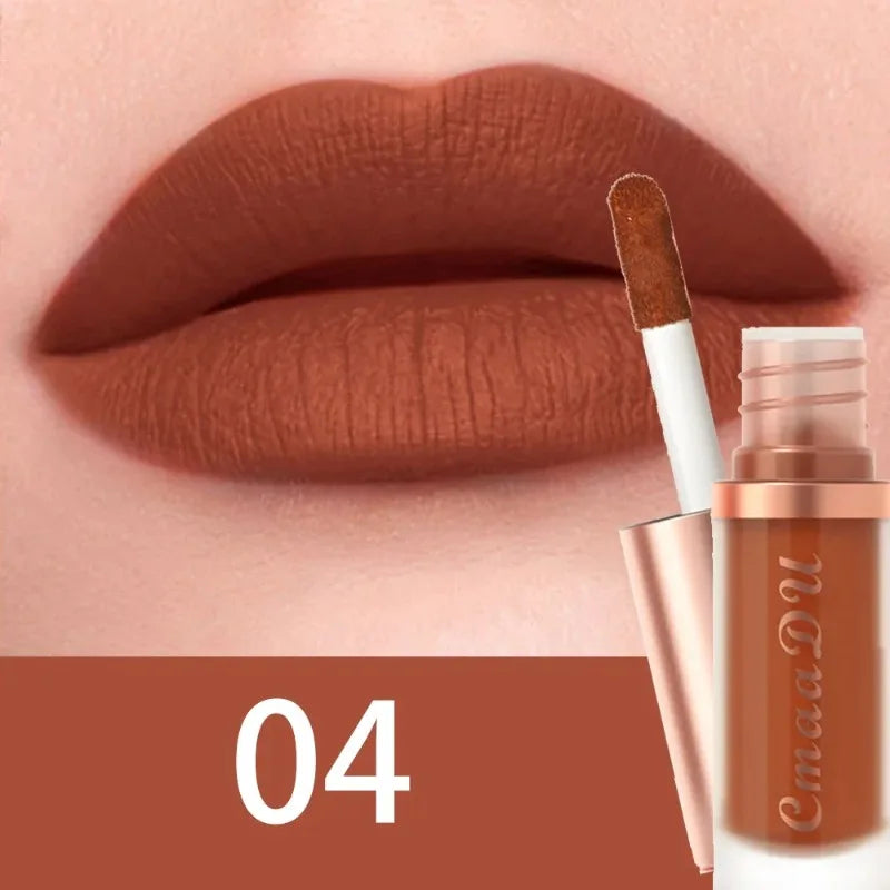 Matte velvet lip glaze liquid lipstick in brown, applicator and tube with lips, shade 04
