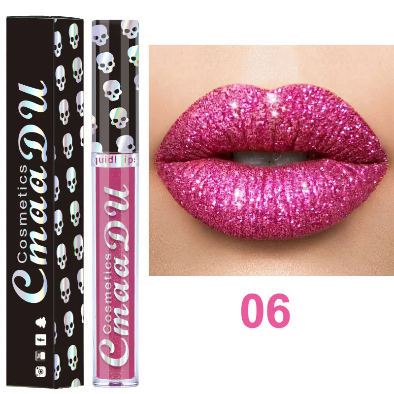 Glitter lip gloss on lips in pink shade 06 with product tubes beside