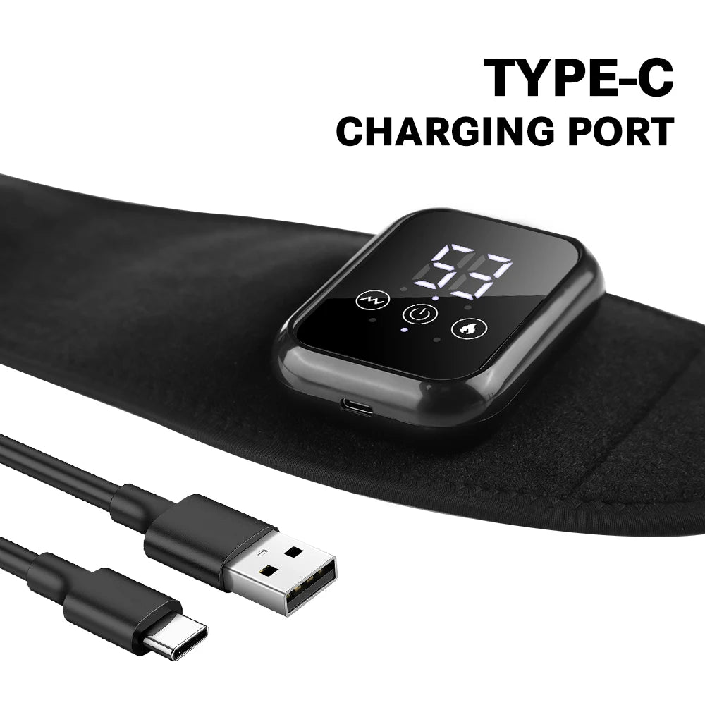 Heated massage brace with black strap, Type-C port, and LED temperature display