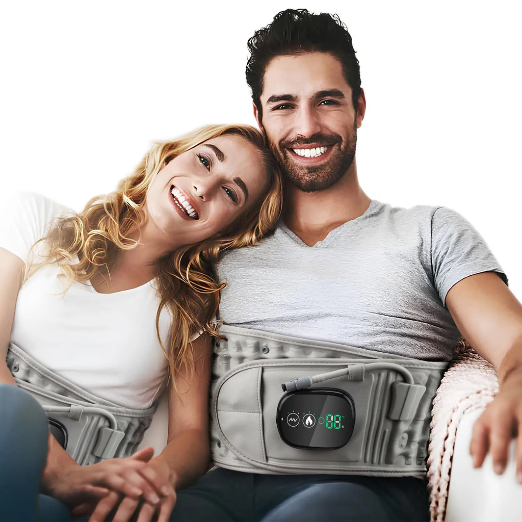 Infrared heating waist massager belt with controller, worn by a couple at the lower back