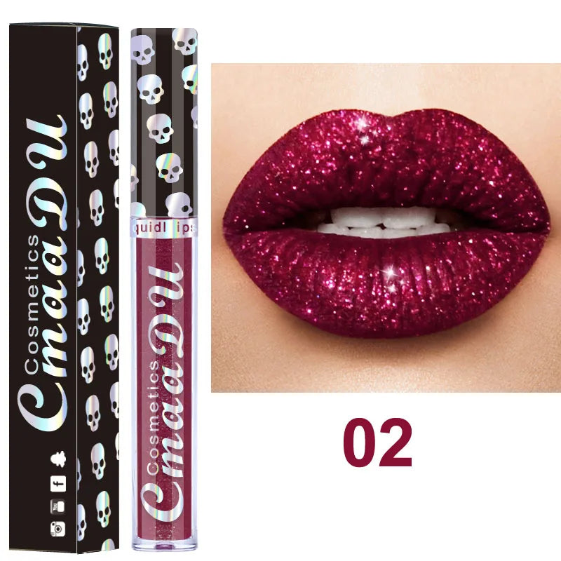 Glitter lip gloss on lips in magenta shade 02 with product tubes beside