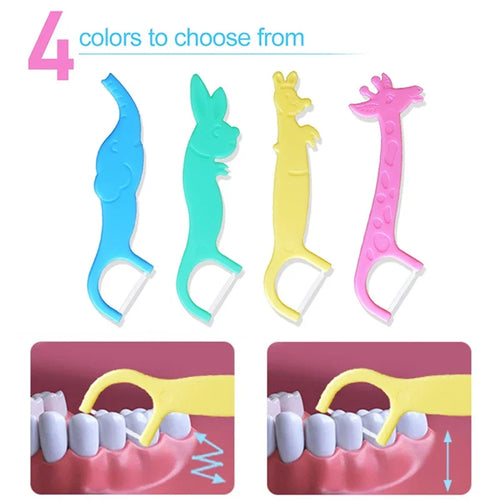 Kids animal-shaped dental flossers, 4 assorted colors with curved floss ends