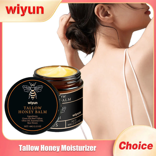 Tallow honey balm face cream jar with golden balm surface in dark round container