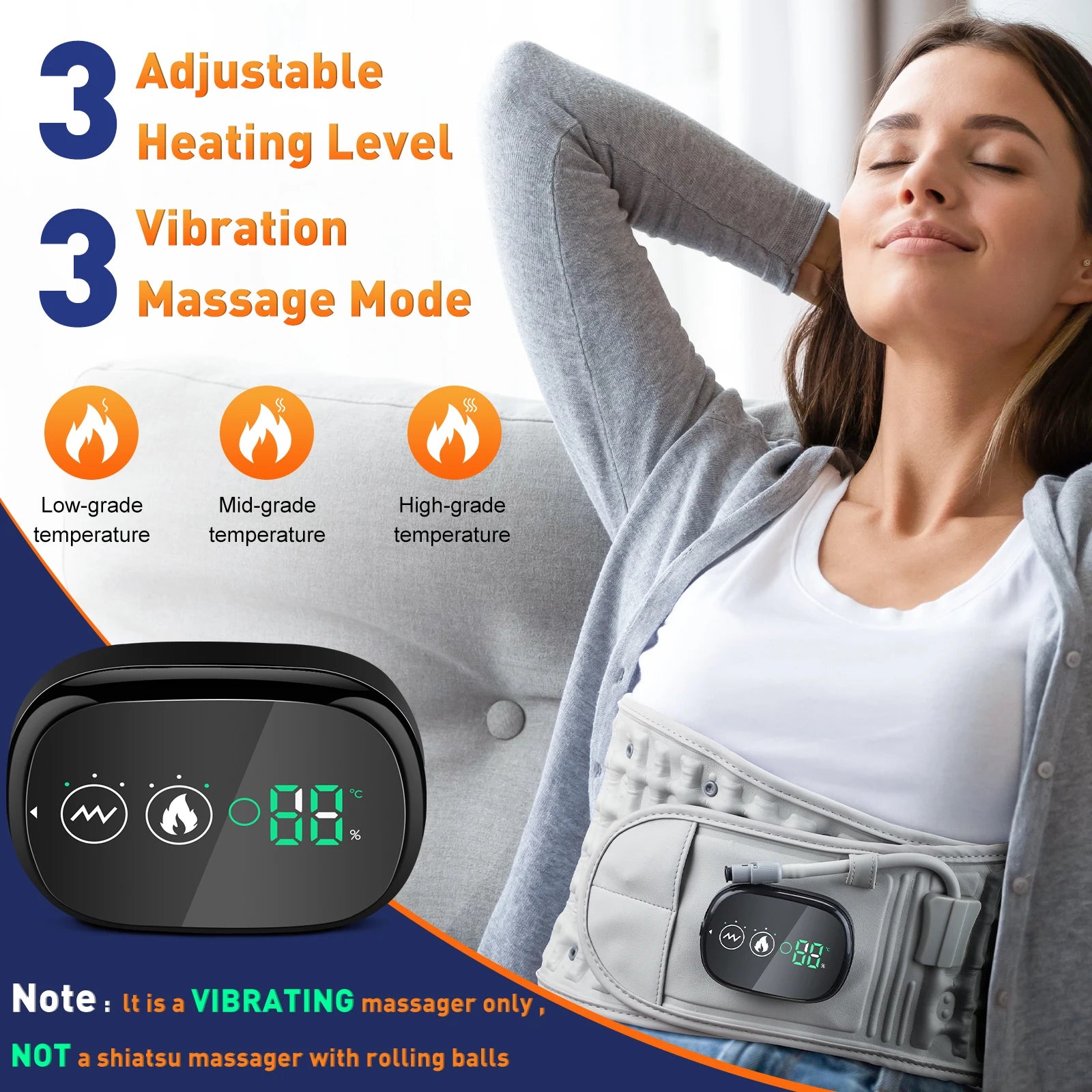 Infrared heating waist massager belt with control display, worn across lower back