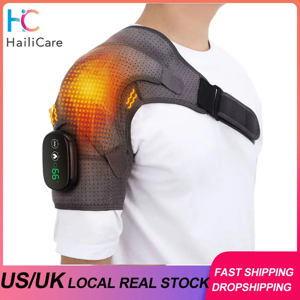 Dark gray heated shoulder massager brace with adjustable strap and control module