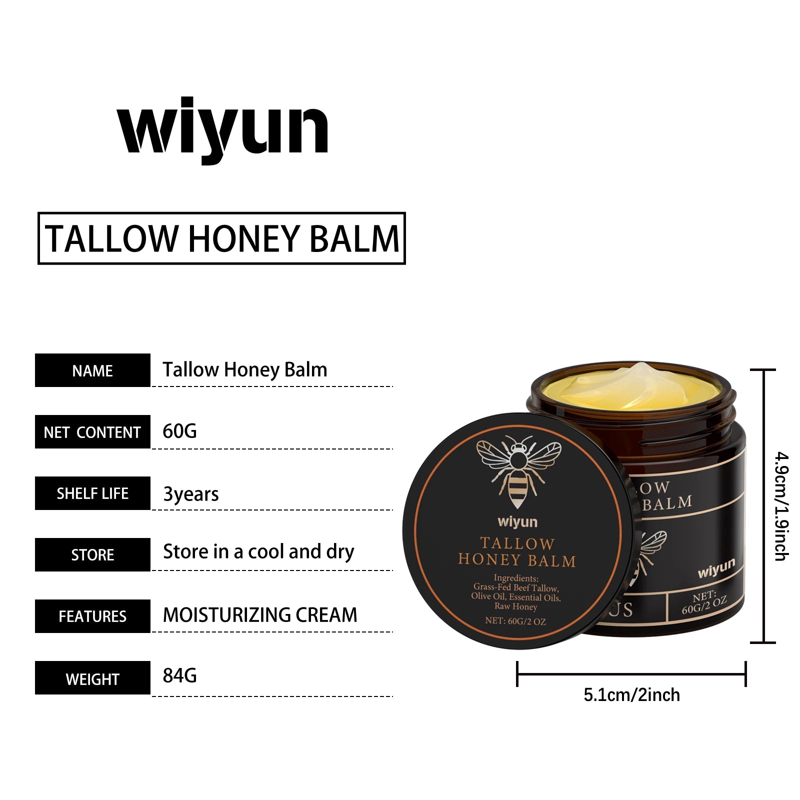 Tallow Honey Balm Moisturizing Cream for Face Body Grass Fed Beef Tallow Balm Natural Deep Moisturizer Soft Soothing Skin