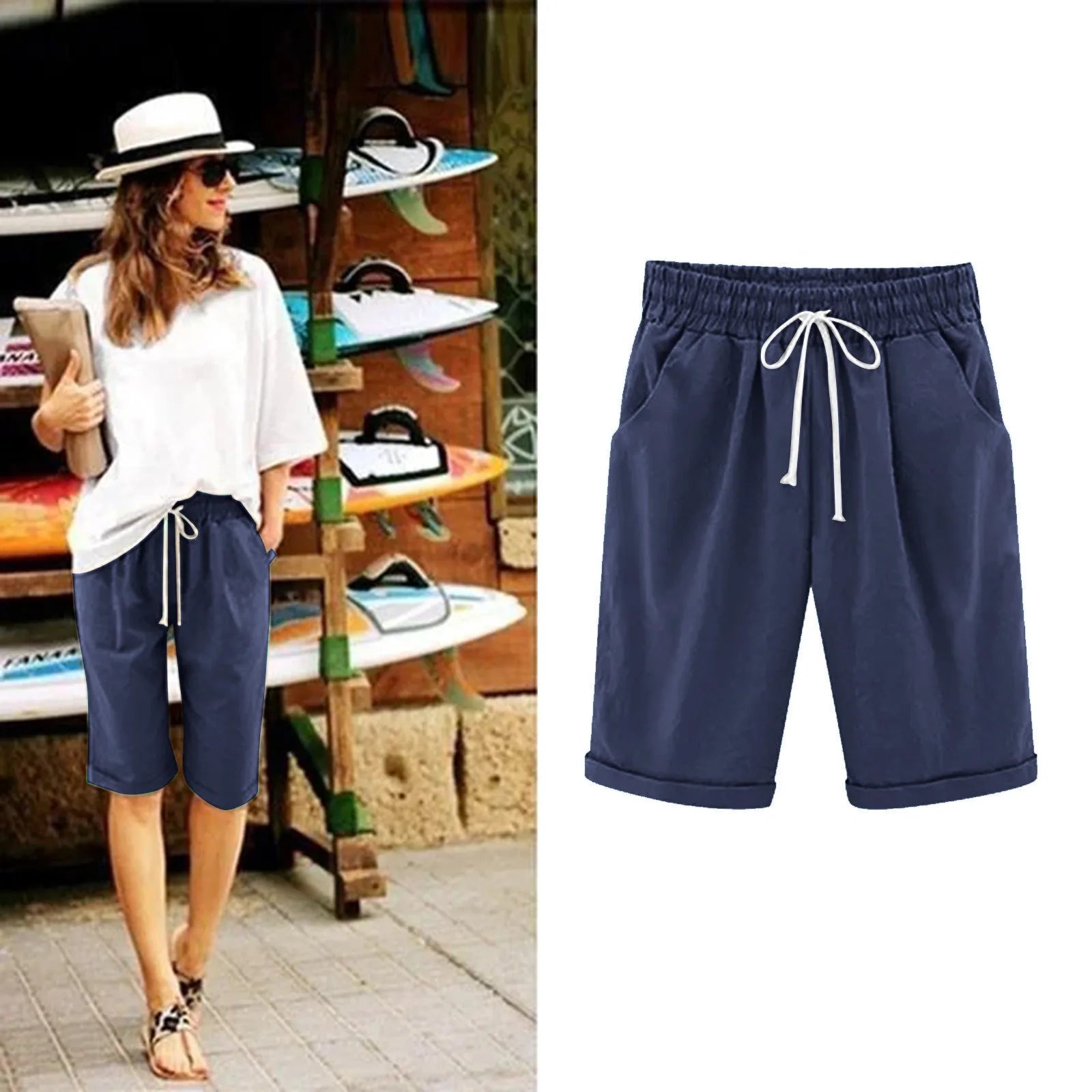 Five Point Pants For Women Summer Cotton Pants Plus Size High Waisted Shorts Lacing Beach Trousers Knee Length Workout Pocket